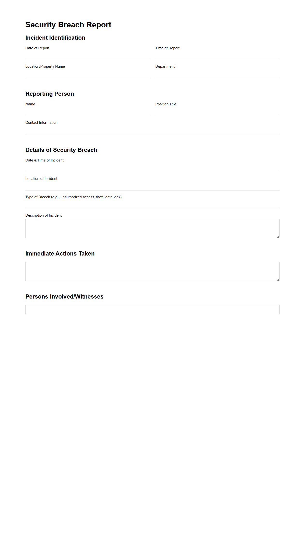 Security Breach Report Format for Hospitality