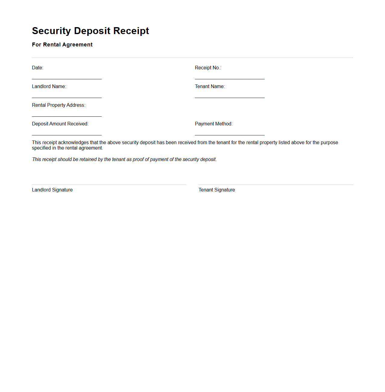 Security Deposit Receipt for Rental Agreement