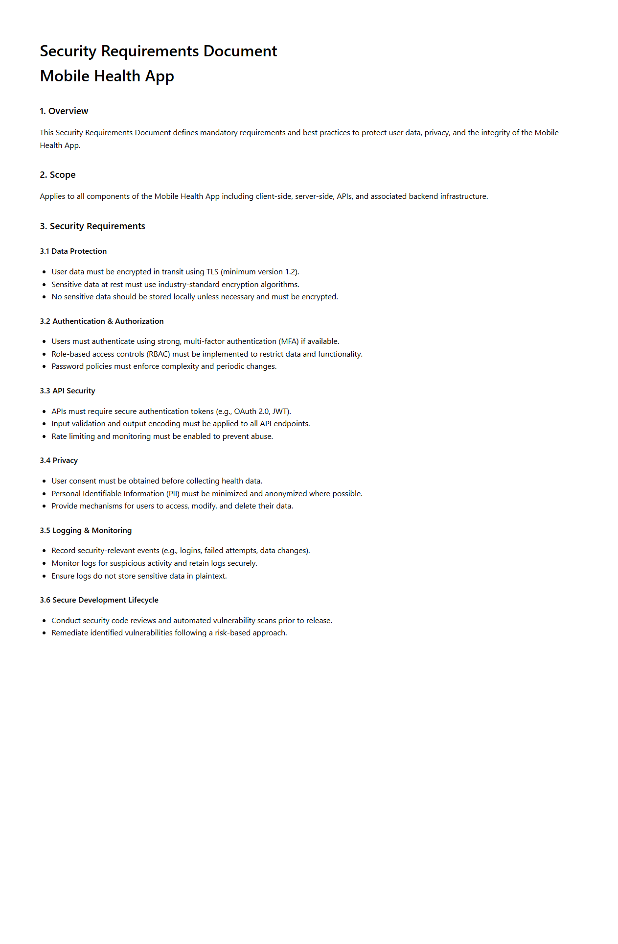 Security Requirements Document for Mobile Health App