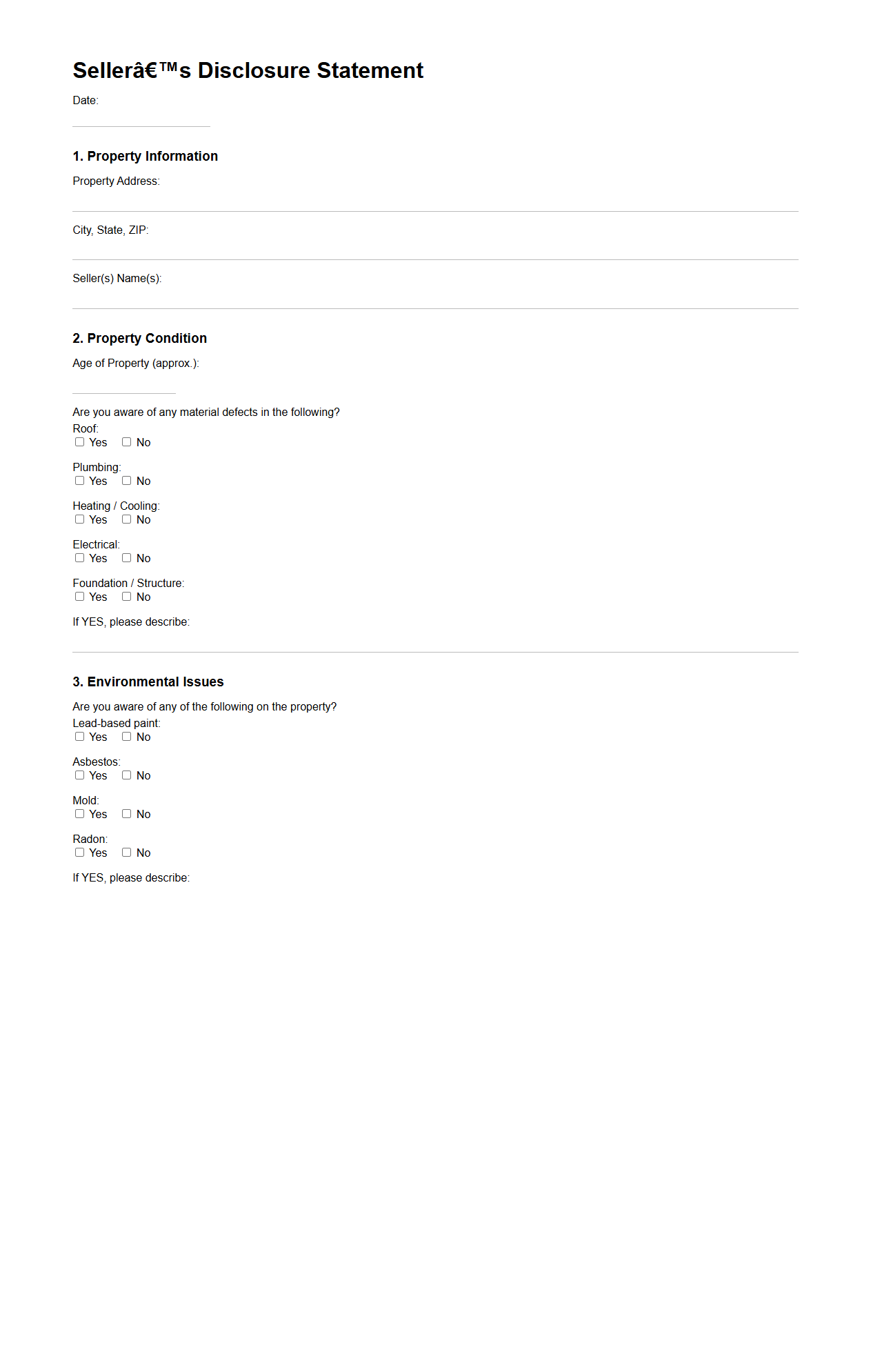 Seller’s Disclosure Statement Sample for Houses