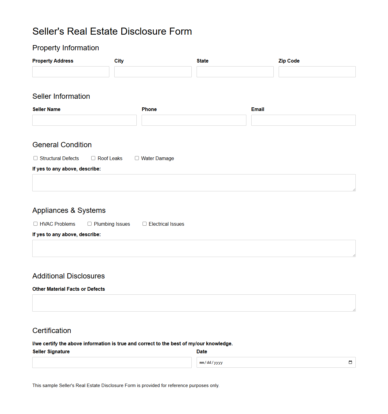 Seller's Real Estate Disclosure Form Example