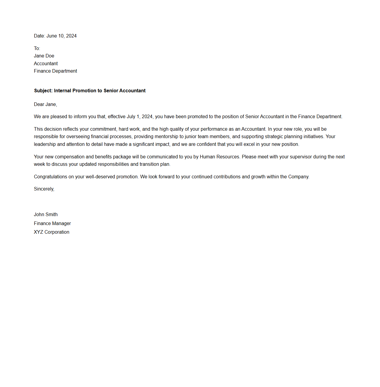 Senior Accountant Internal Promotion Letter Sample
