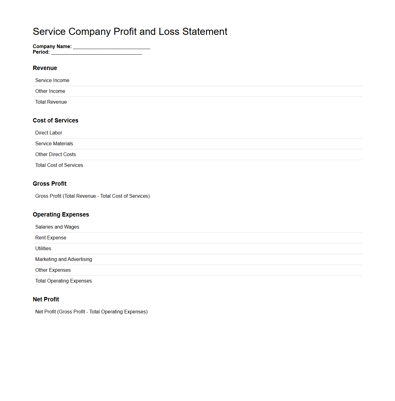 Service Company Profit and Loss Statement Sample
