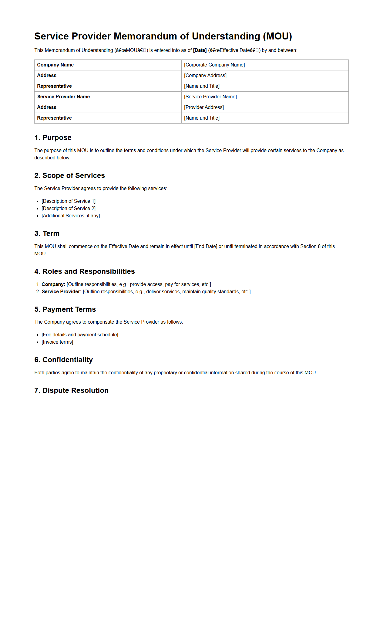 Service Provider MOU Template for Corporate Use