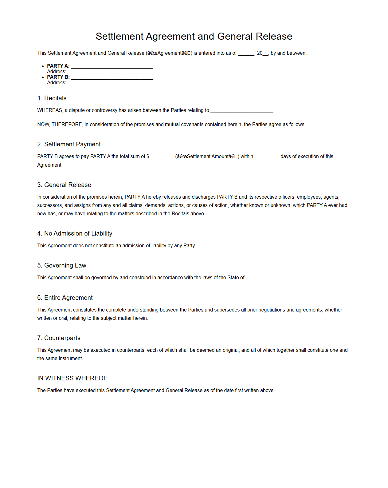 Settlement Agreement and General Release Template