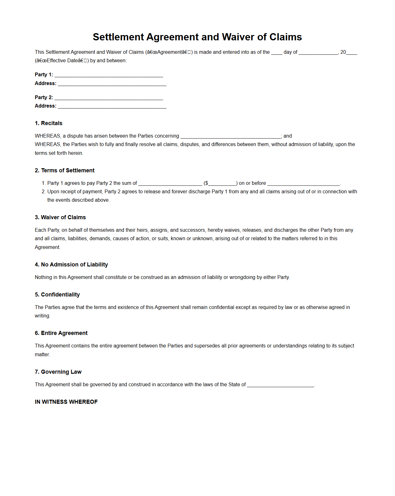Settlement Agreement and Waiver of Claims