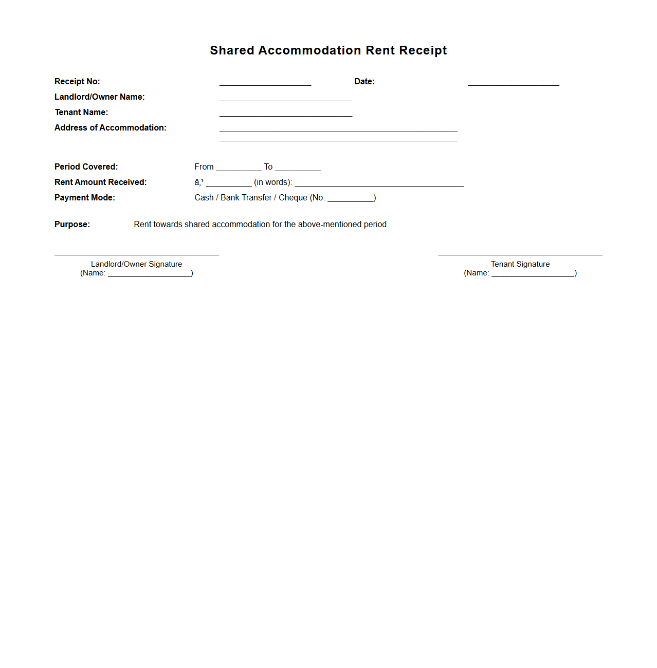 Shared Accommodation Rent Receipt Sample