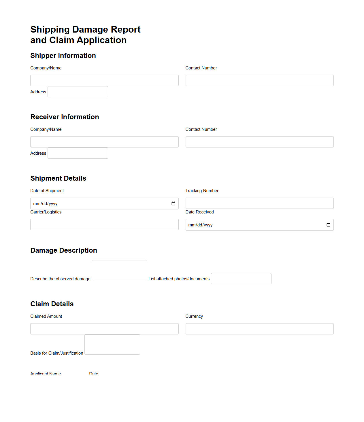 Shipping Damage Report and Claim Application