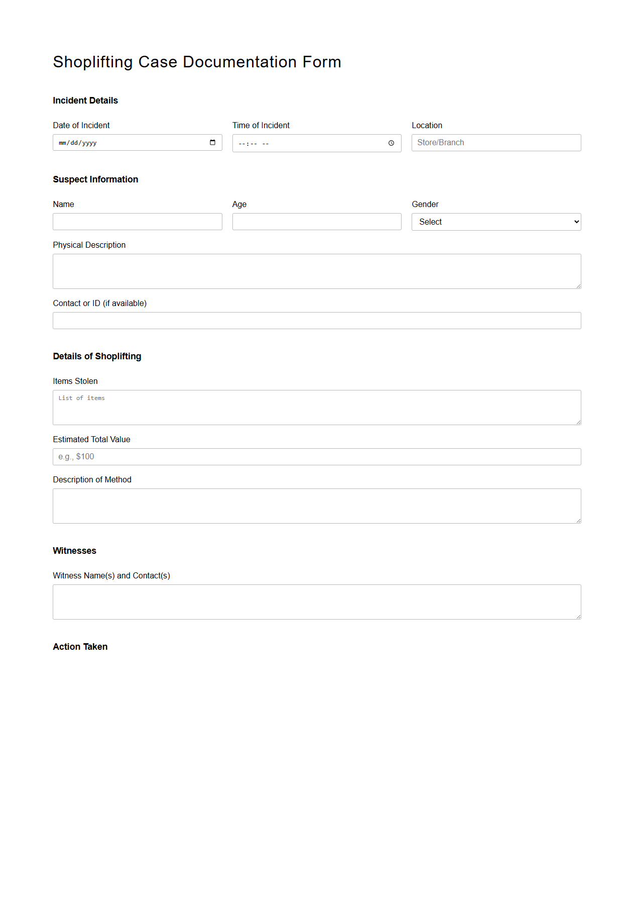 Shoplifting Case Documentation Form