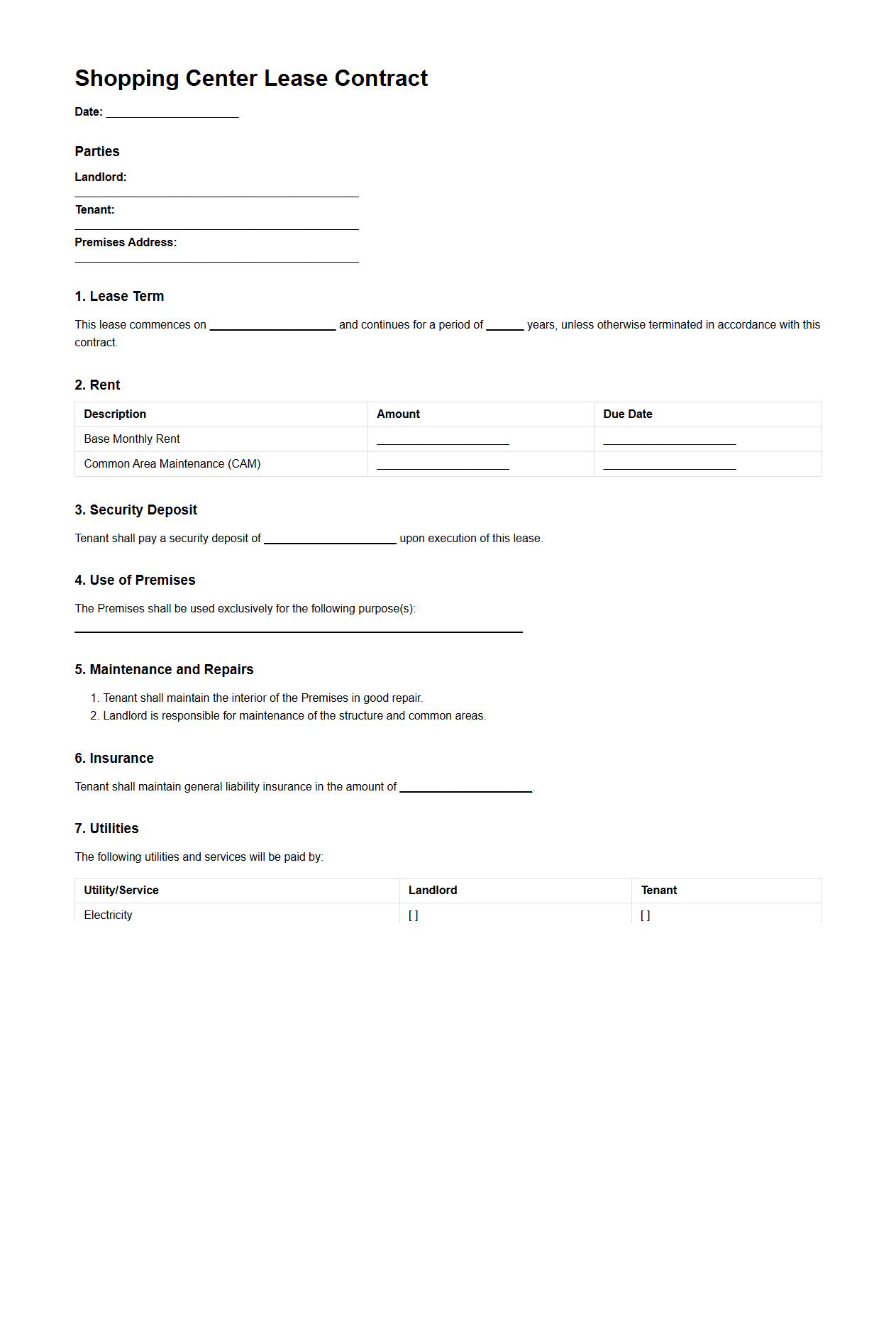 Shopping Center Lease Contract Example