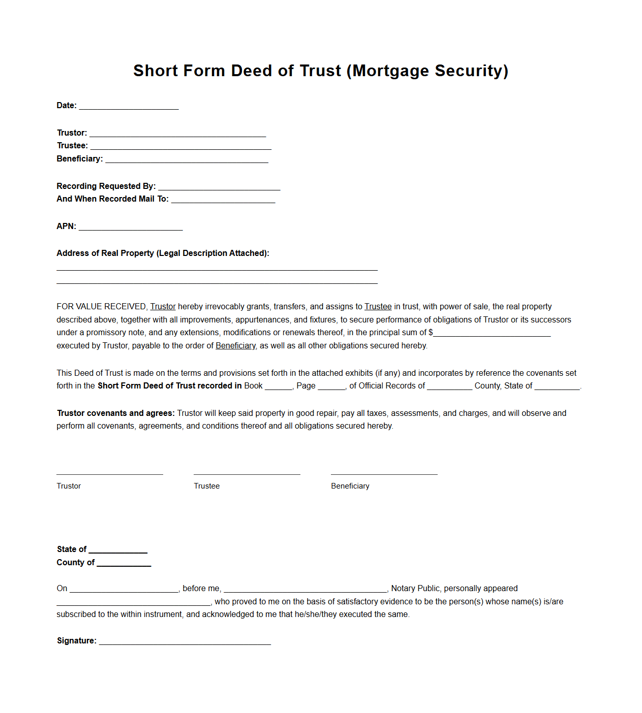 Short Form Deed of Trust for Mortgage Security