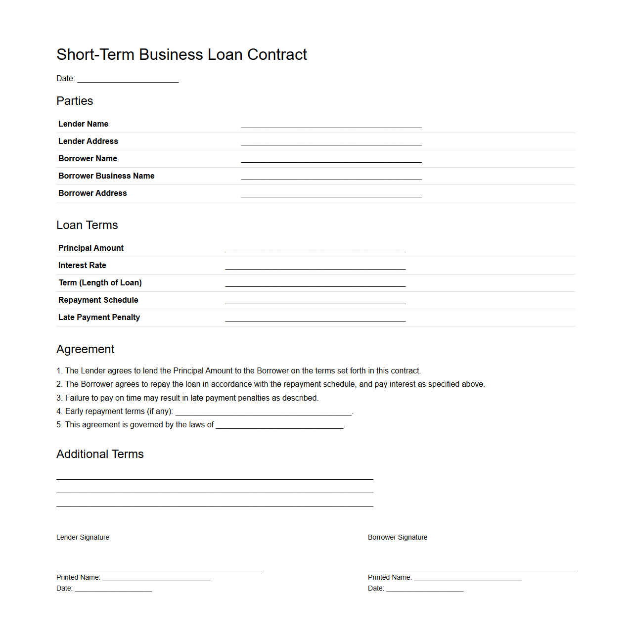 Short-Term Business Loan Contract Template