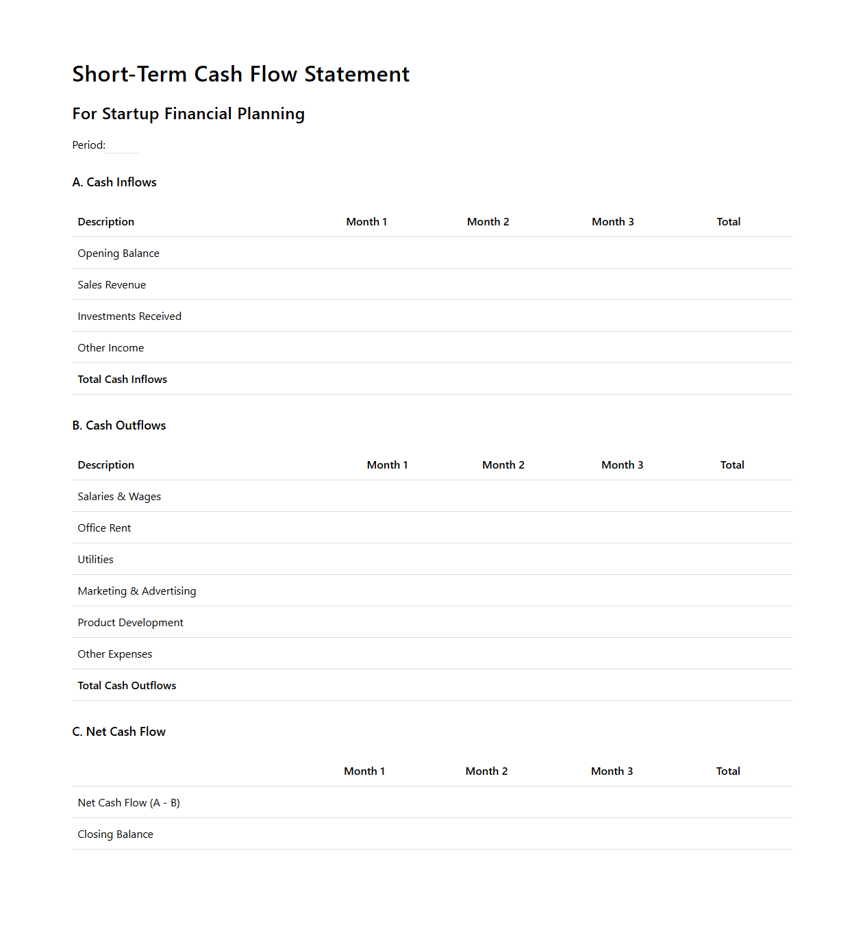Short-Term Cash Flow Statement for Startup Financial Planning