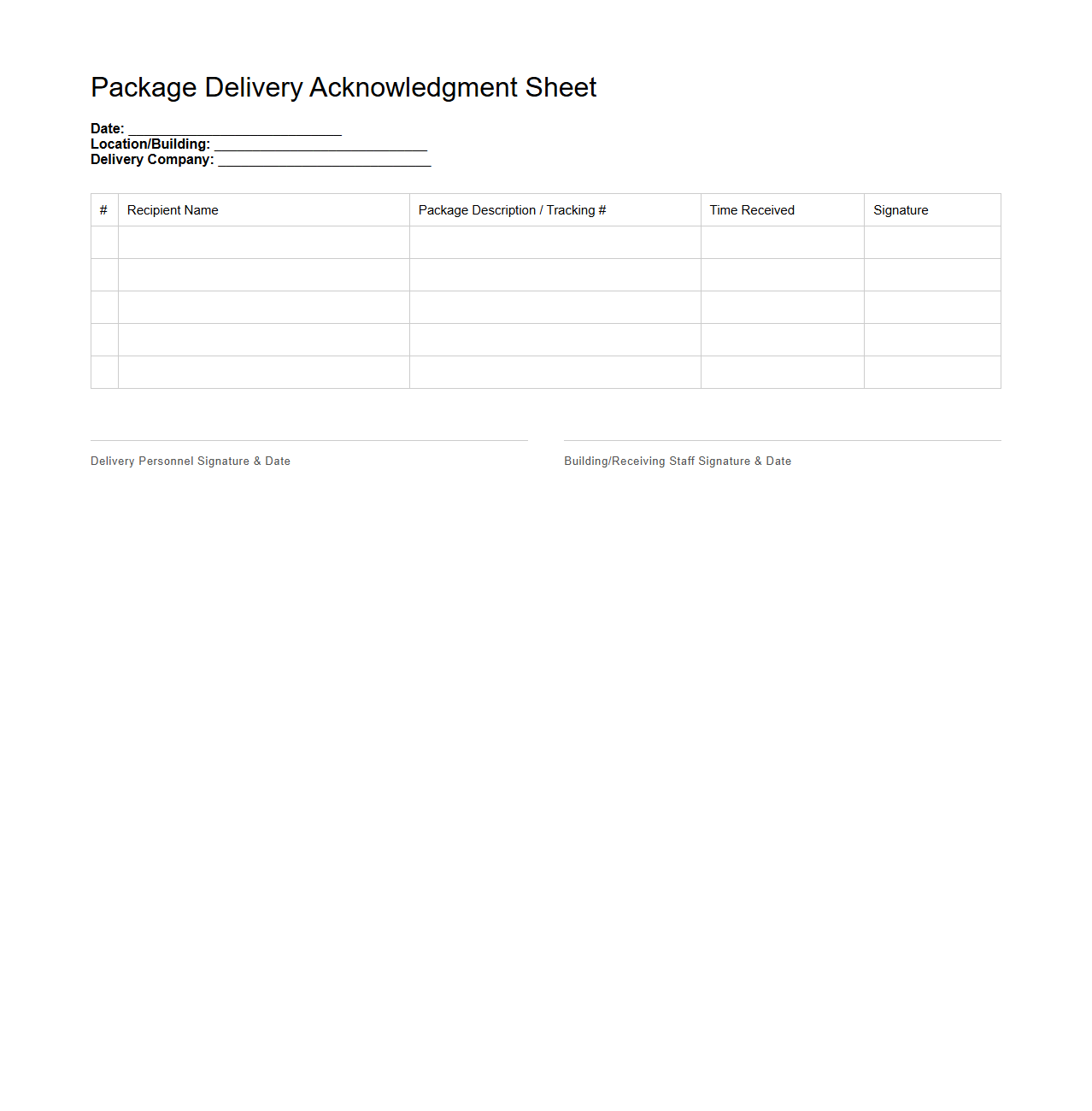 Signed Package Delivery Acknowledgment Sheet