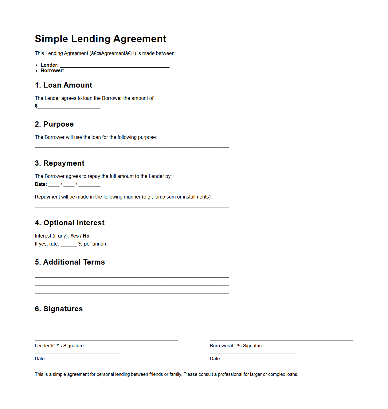 Simple Lending Agreement for Friends and Family