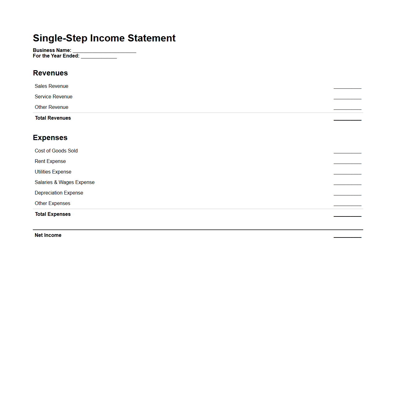 Single-Step Income Statement Design for Small Businesses