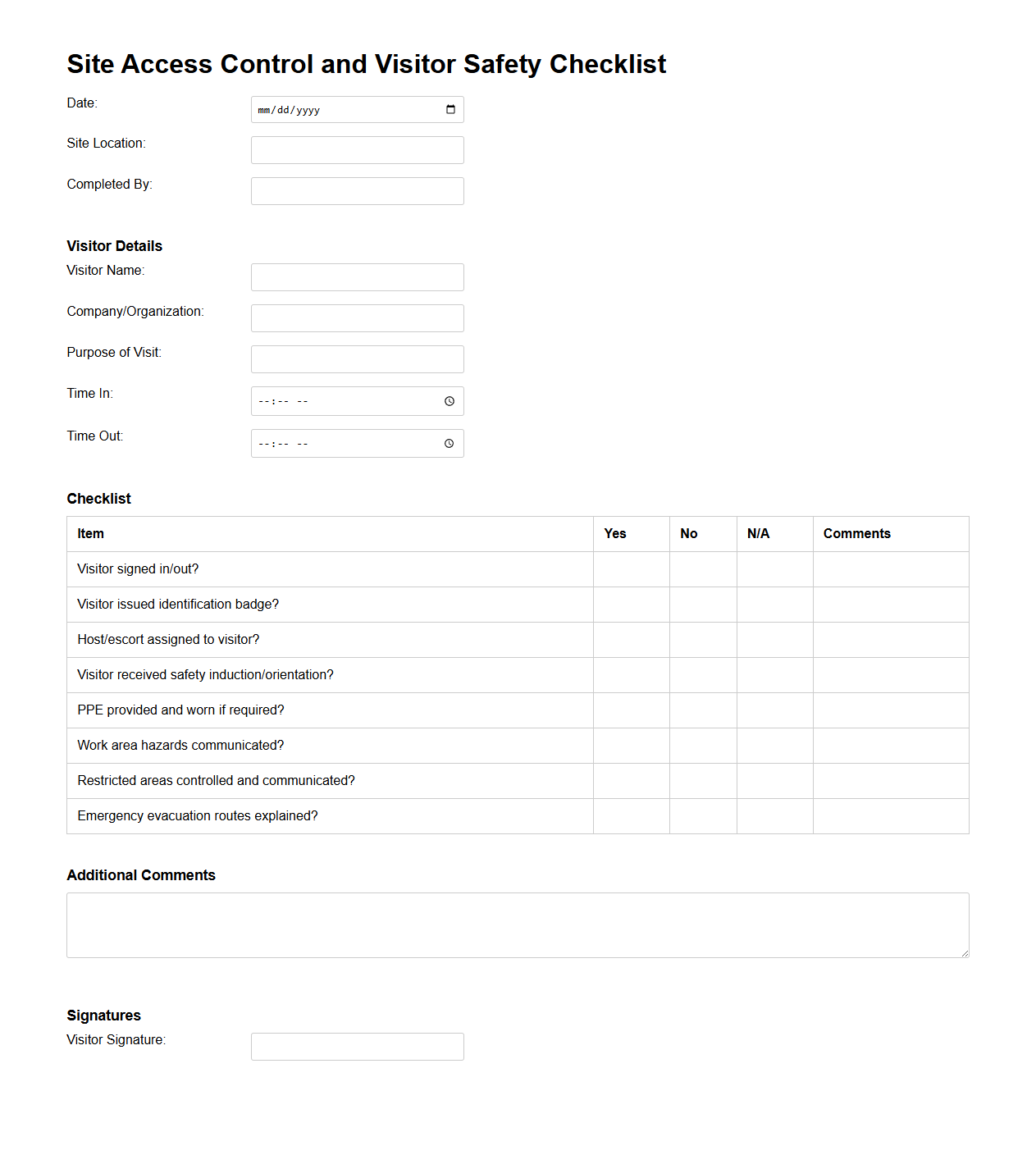 Site Access Control and Visitor Safety Checklist