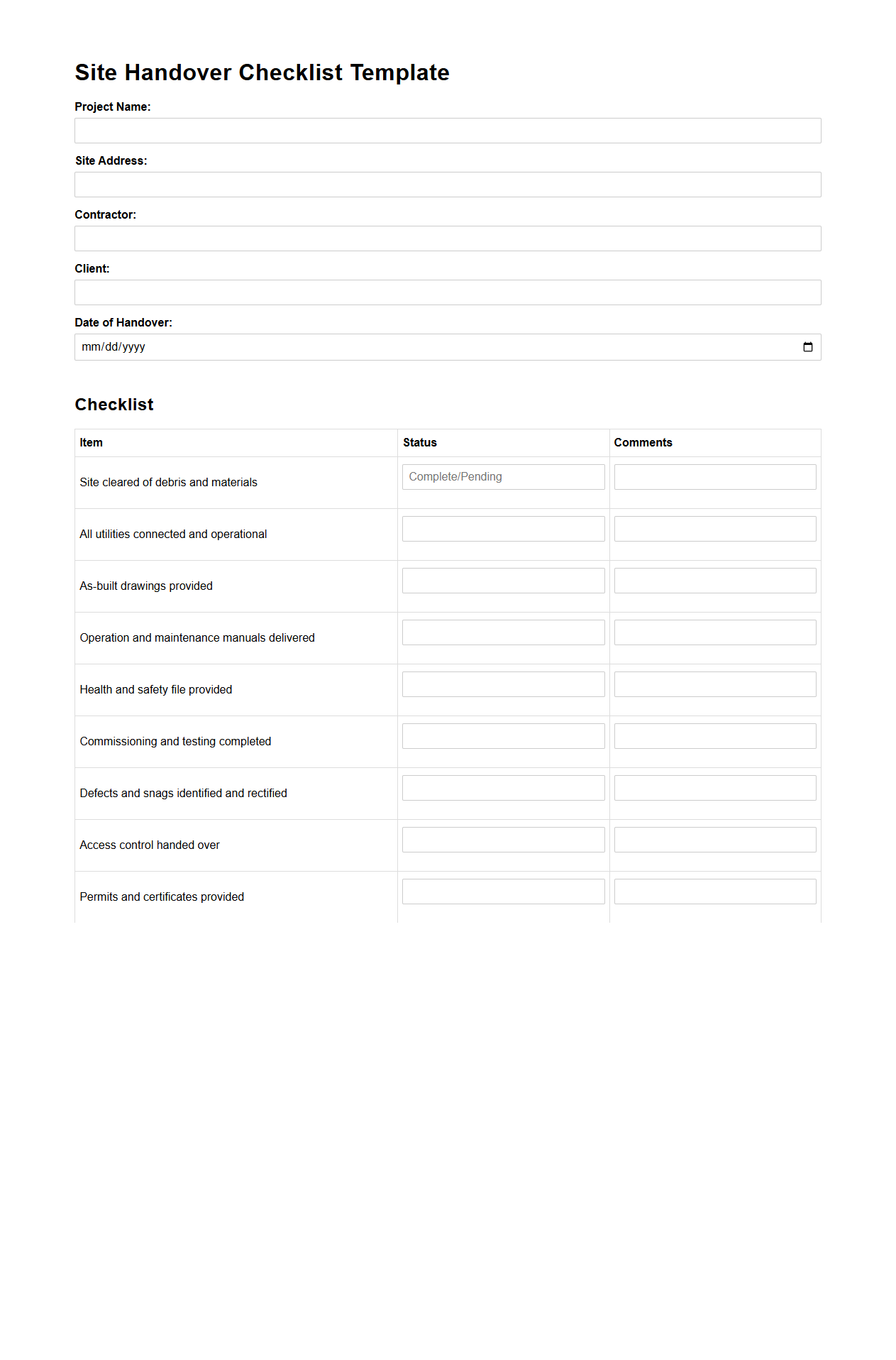 Site Handover Checklist Template for Industrial Construction