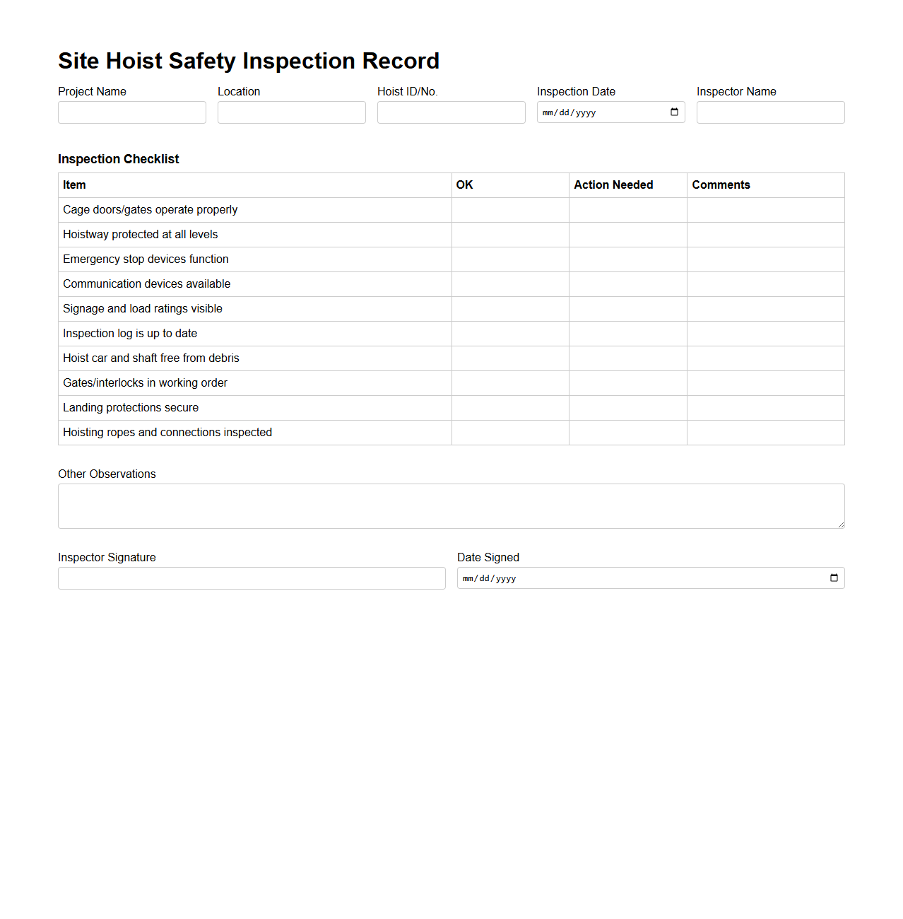 Site Hoist Safety Inspection Record for Construction Management