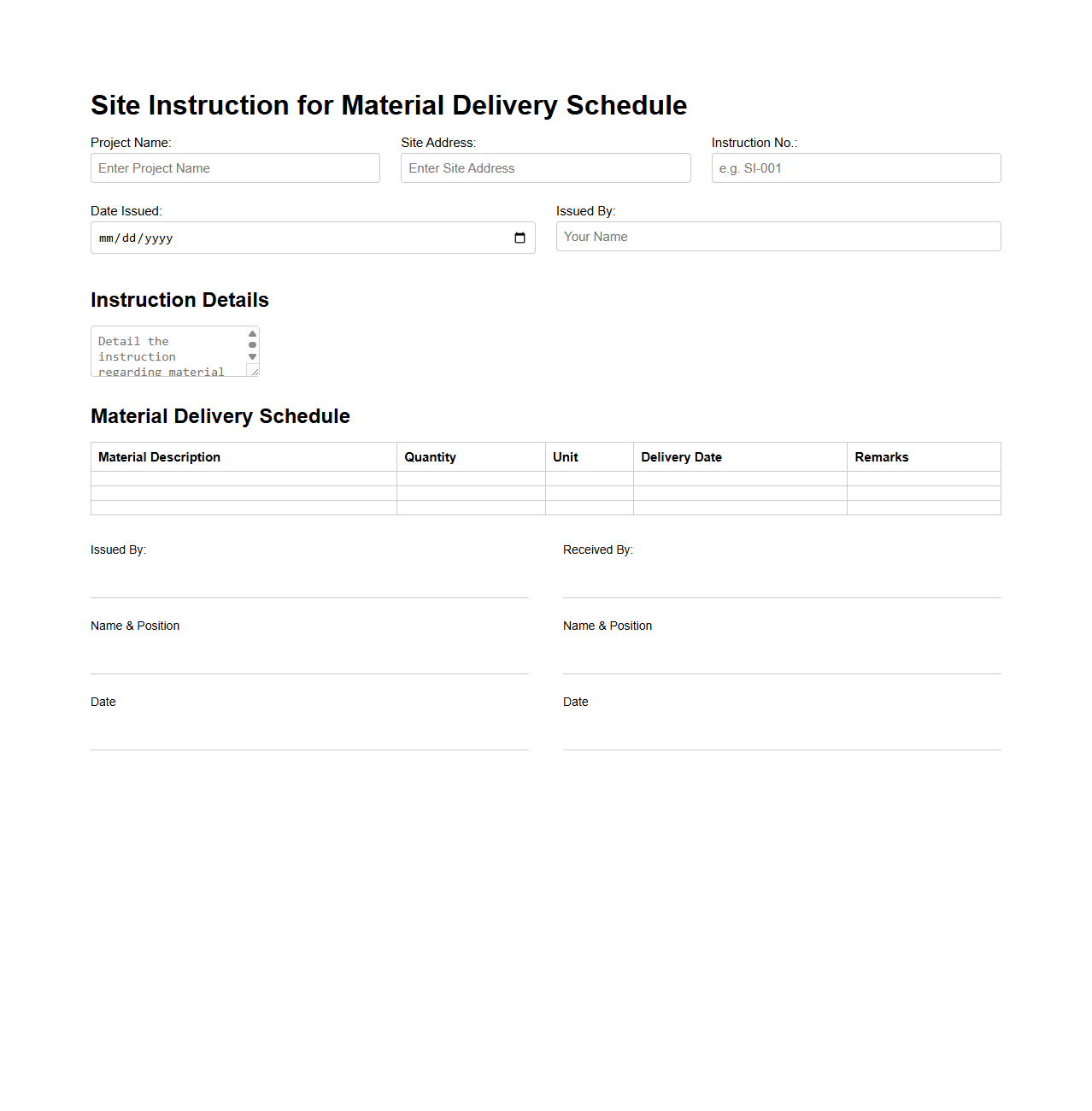 Site Instruction for Material Delivery Schedule
