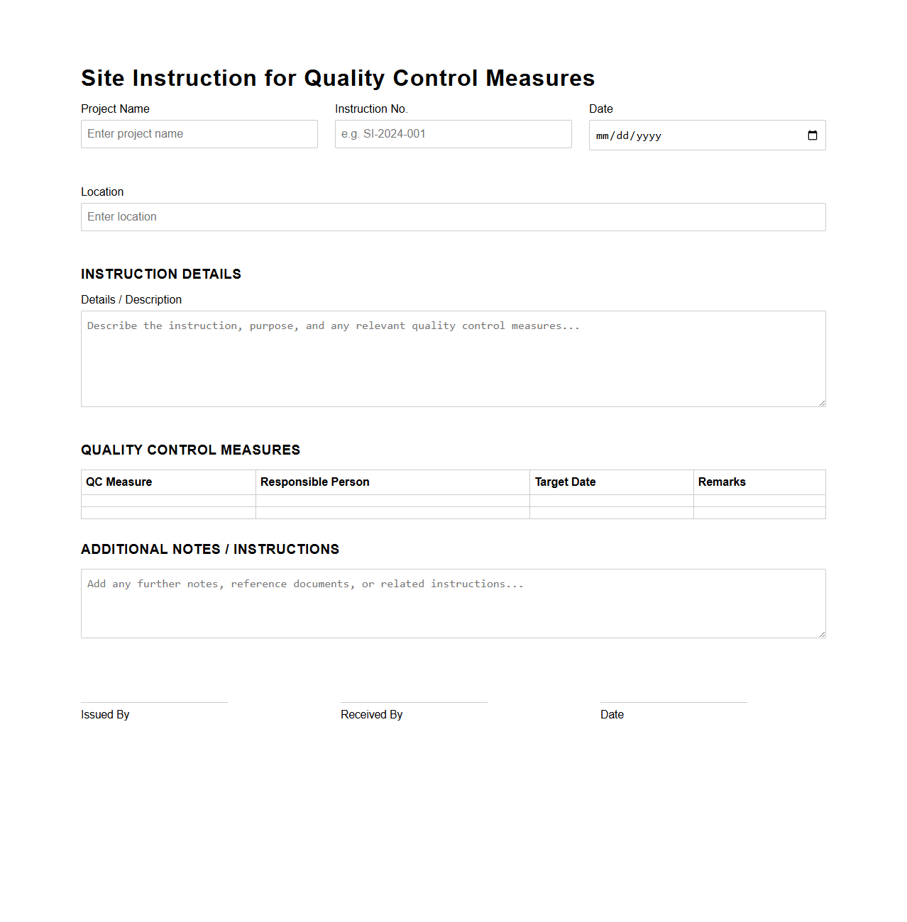 Site Instruction for Quality Control Measures