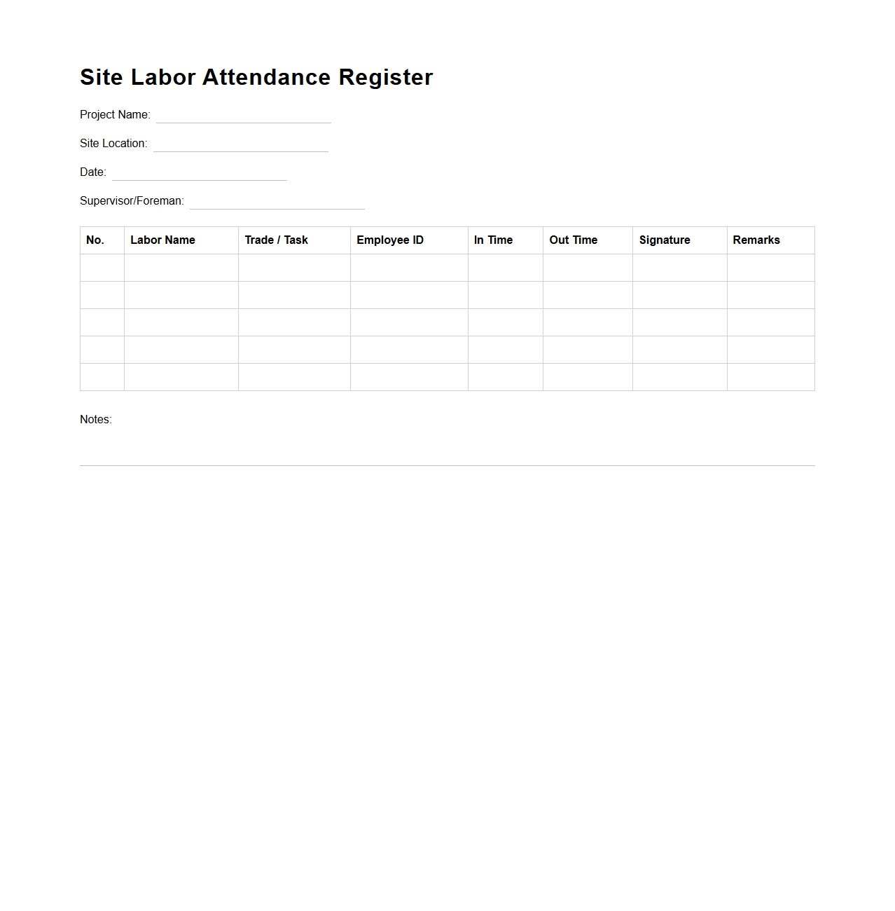 Site Labor Attendance Register Template