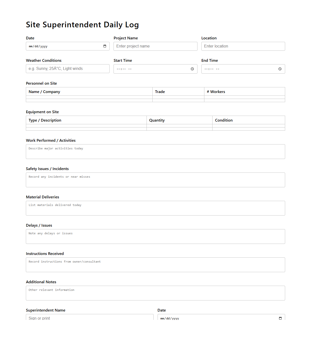 Site Superintendent Daily Log Example