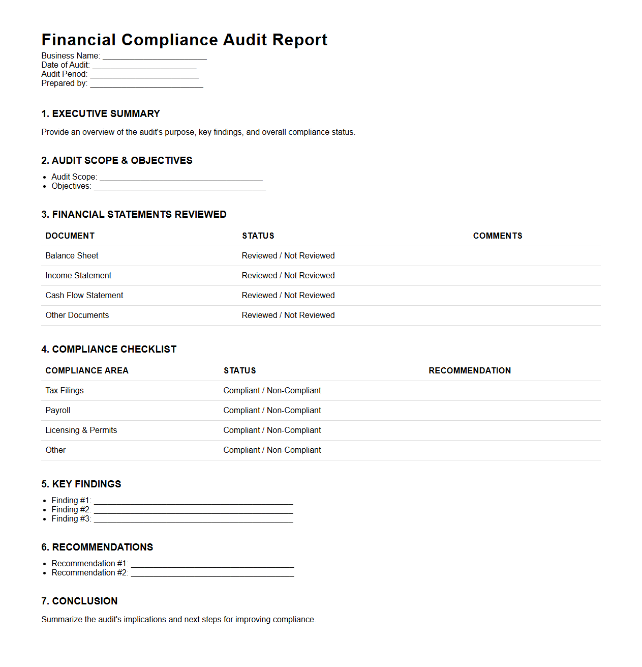 Small Business Financial Compliance Audit Report Layout