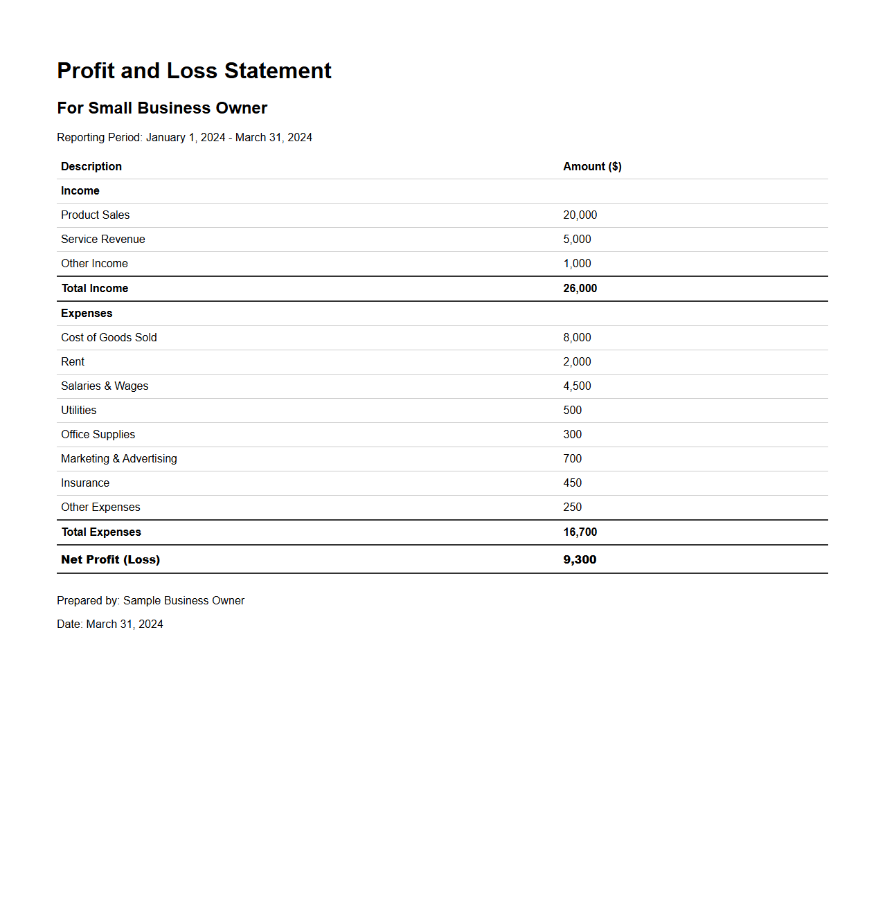 Small Business Owner Profit and Loss Statement Sample