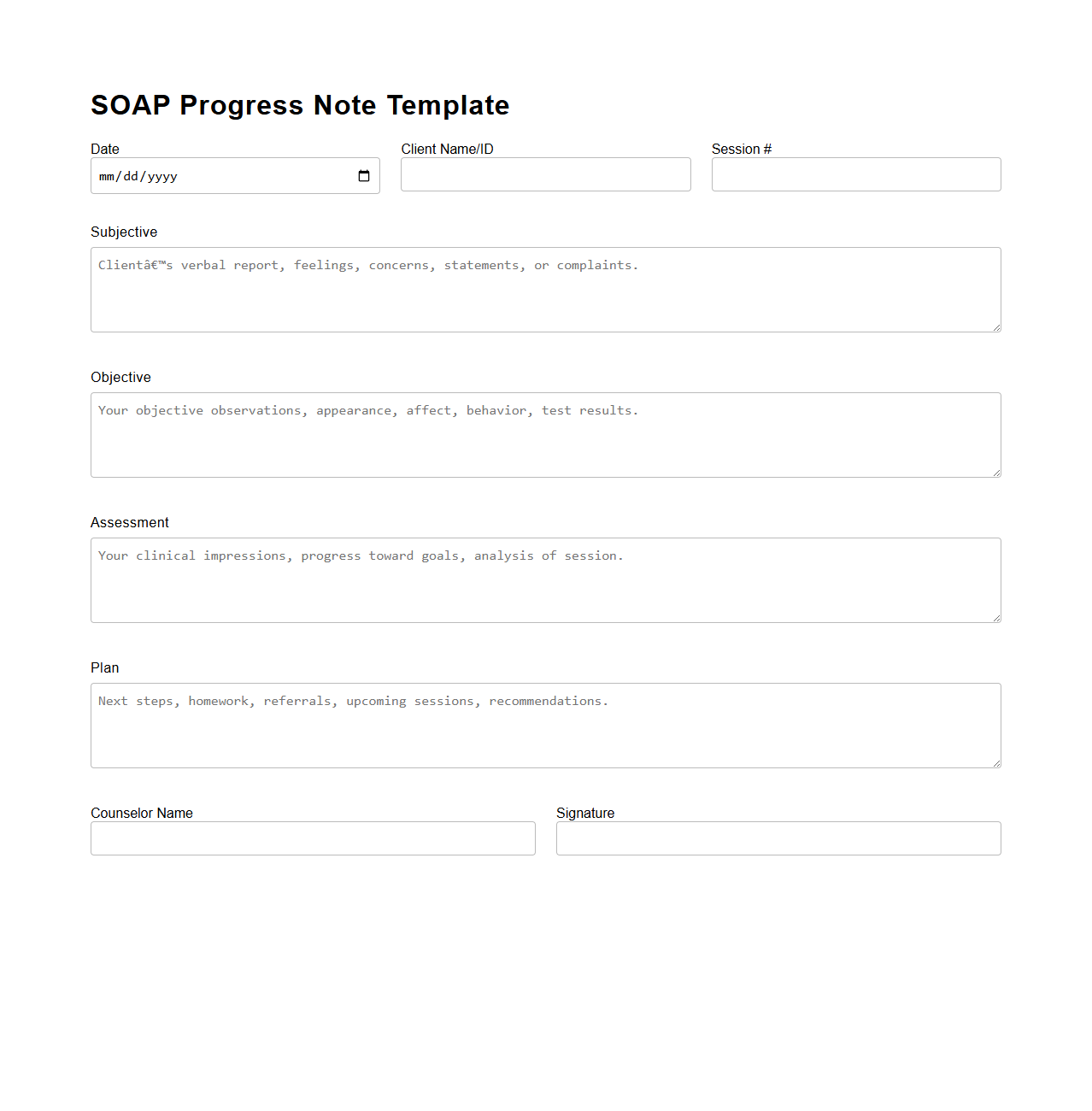 SOAP Progress Note Template for Counseling