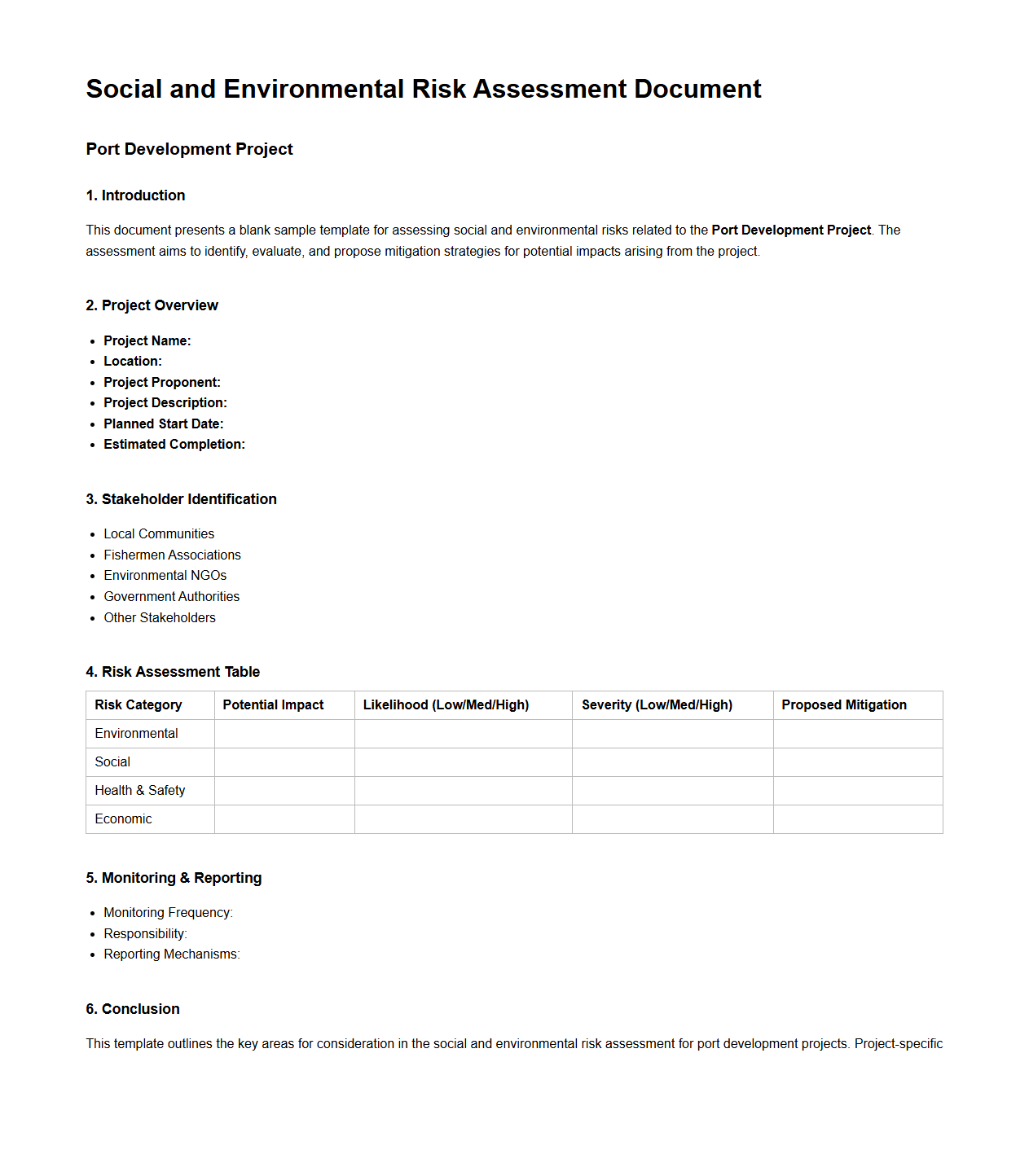 Social and Environmental Risk Assessment Document for Port Development
