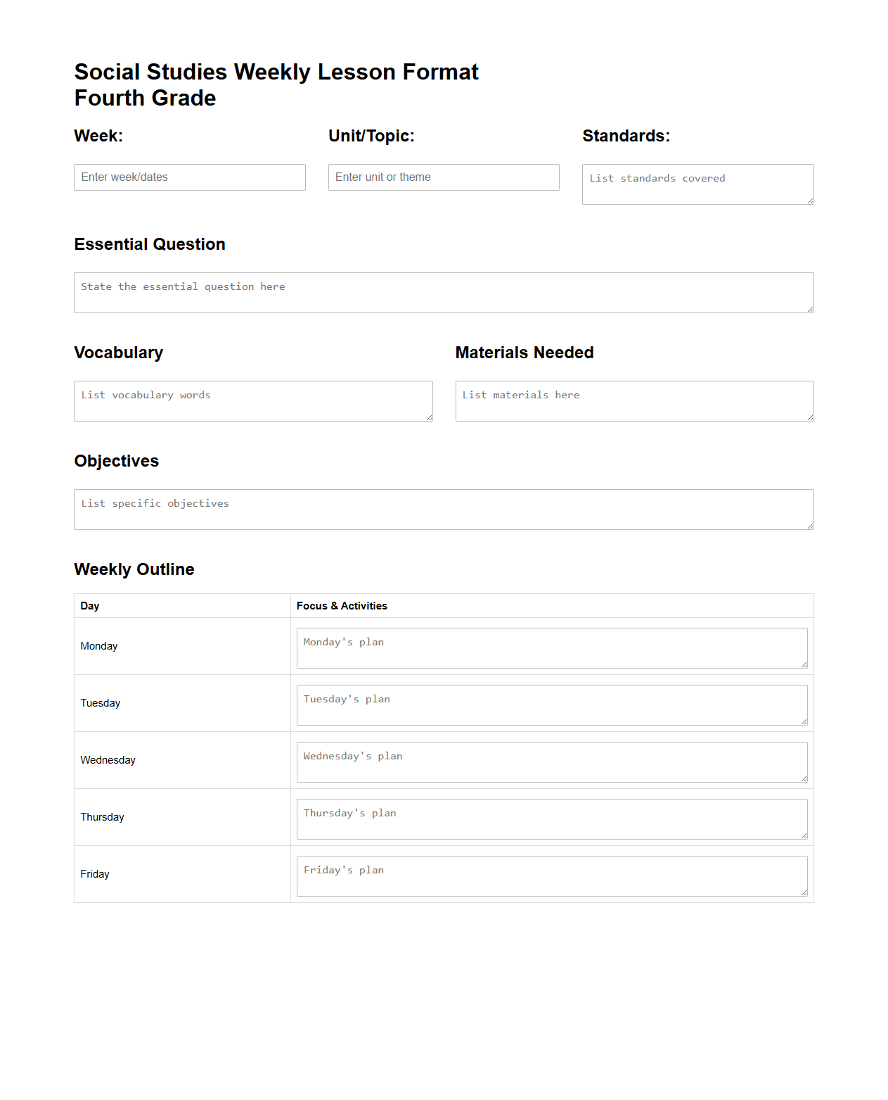 Social Studies Weekly Lesson Format for Fourth Grade