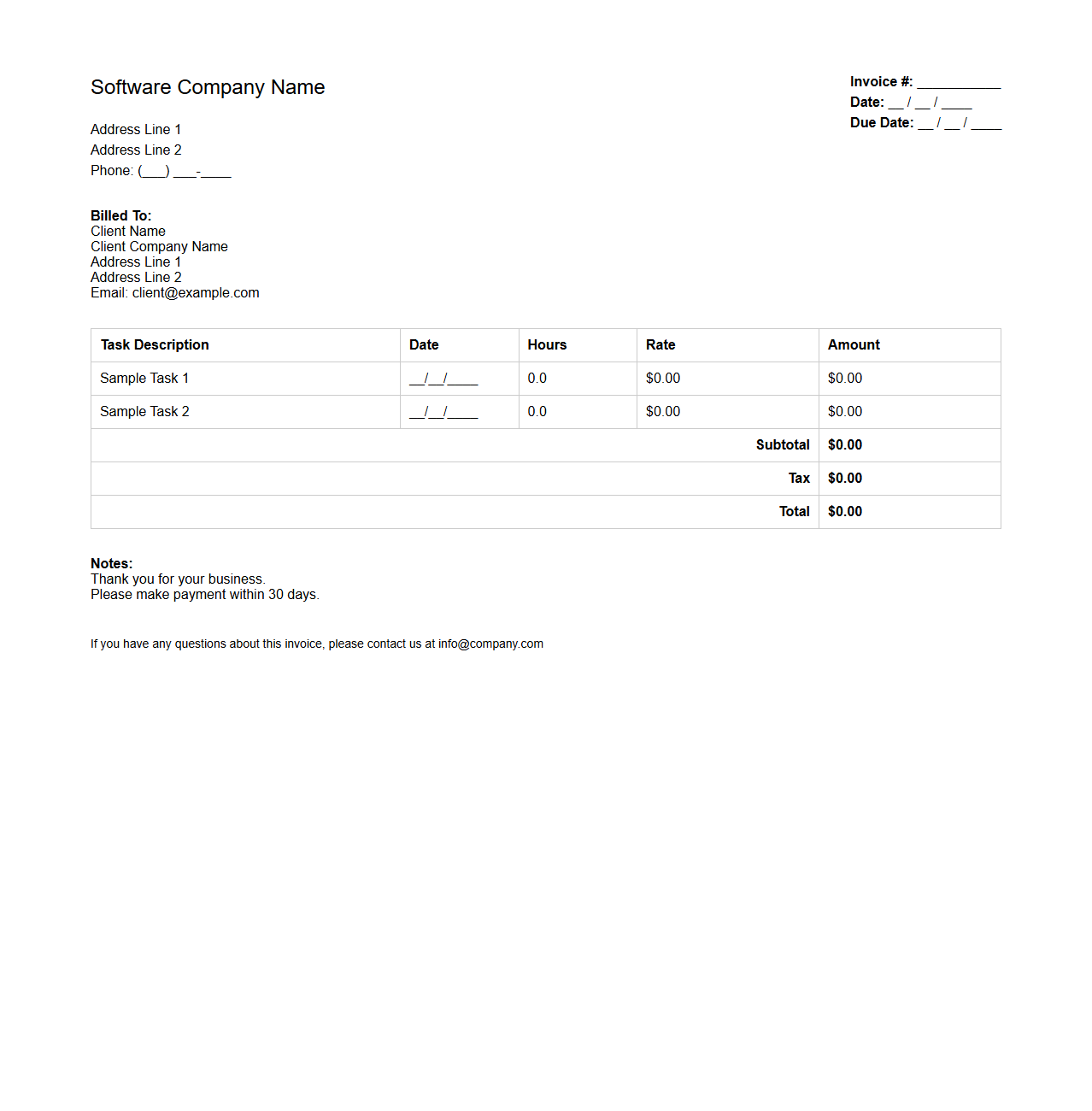 Software Development Task Billing Invoice