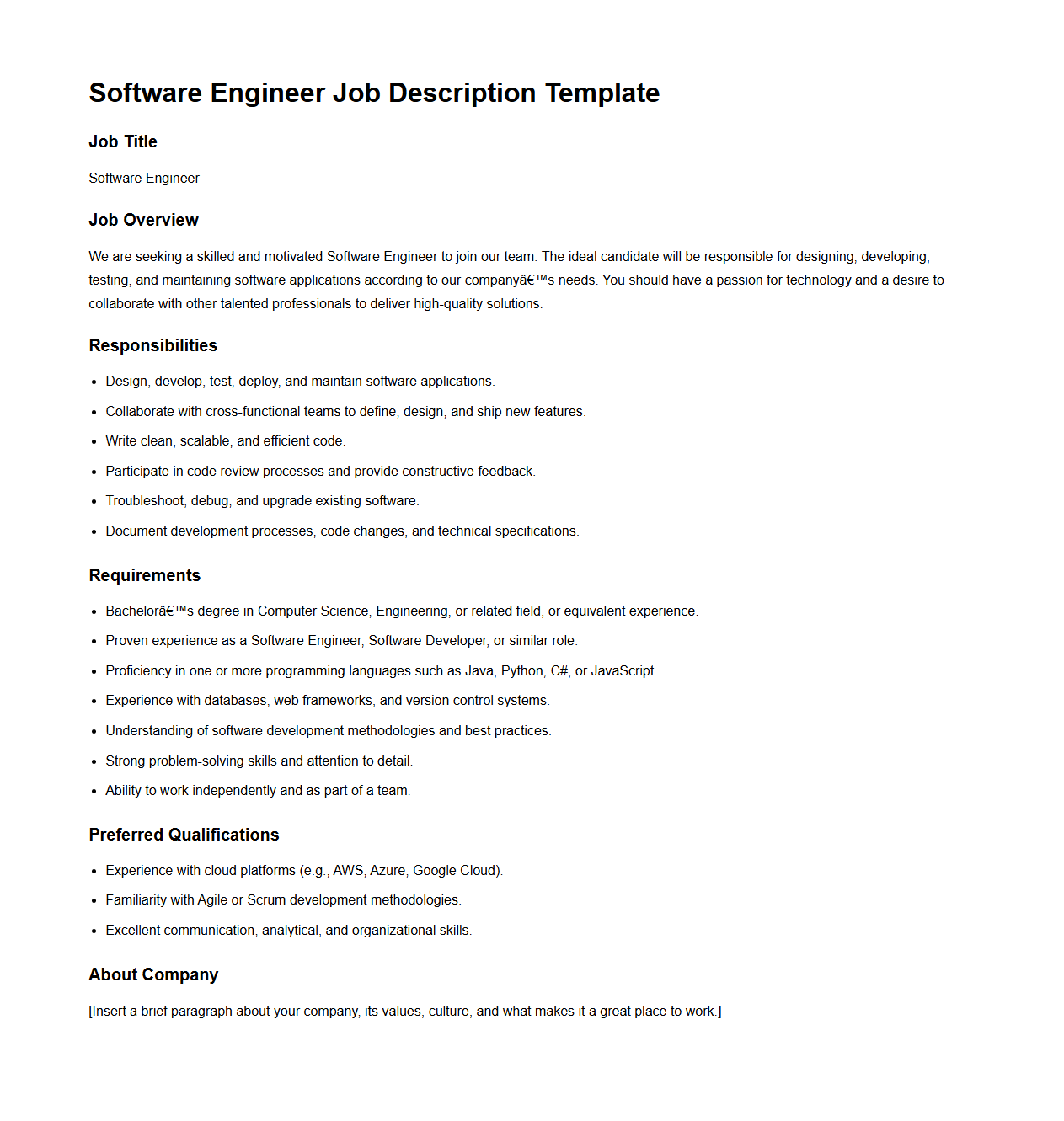 Software Engineer Job Description Template
