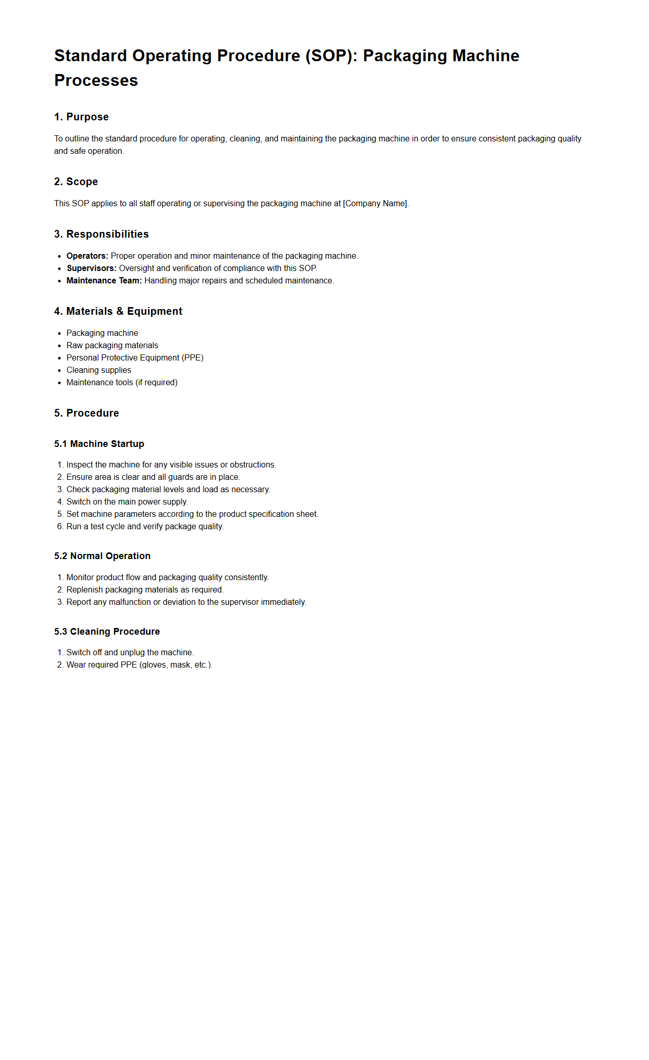 SOP Example for Packaging Machine Processes