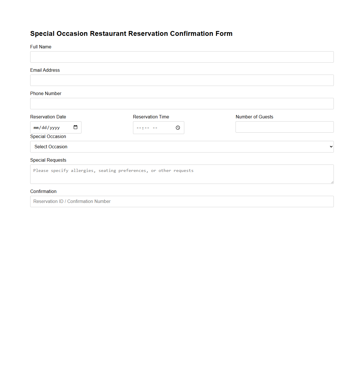 Special Occasion Restaurant Reservation Confirmation Form