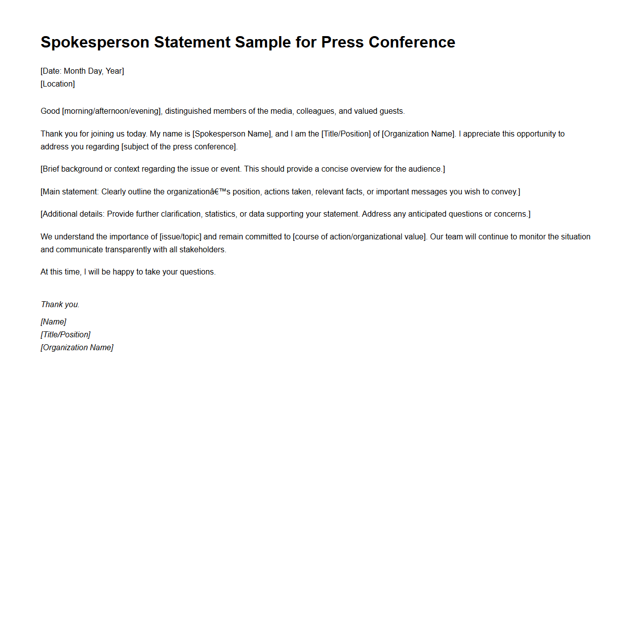 Spokesperson Statement Sample for Press Conferences