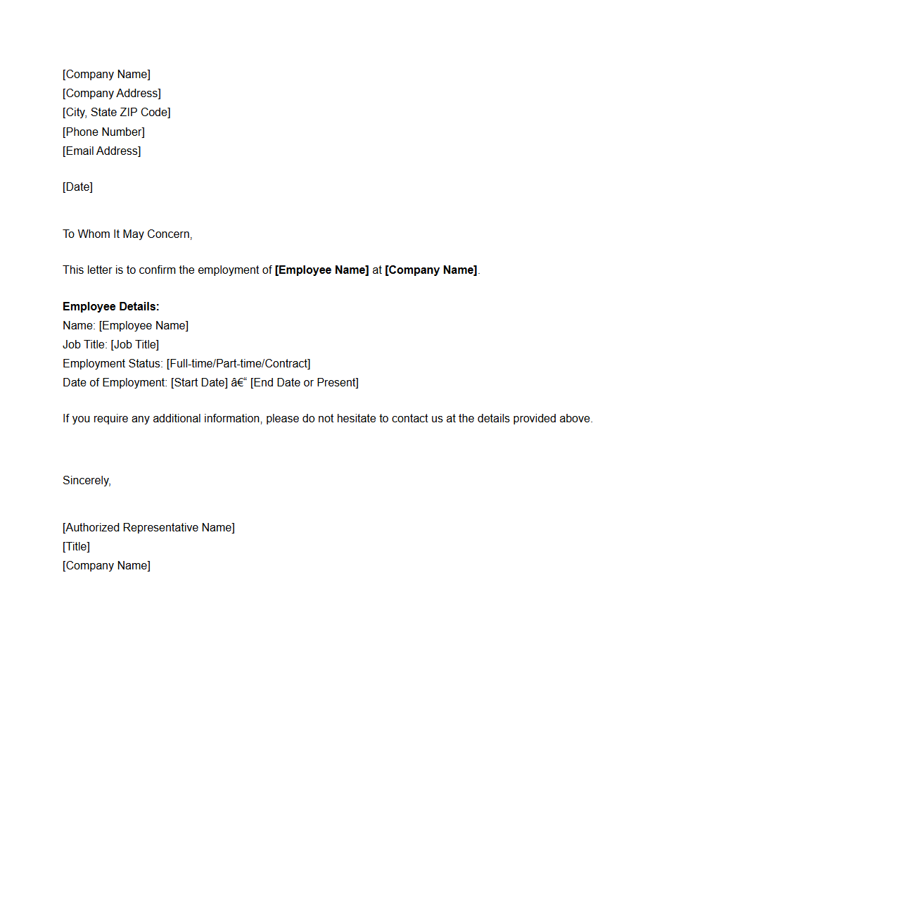 Standard Employment Verification Letter for Third Party Requests