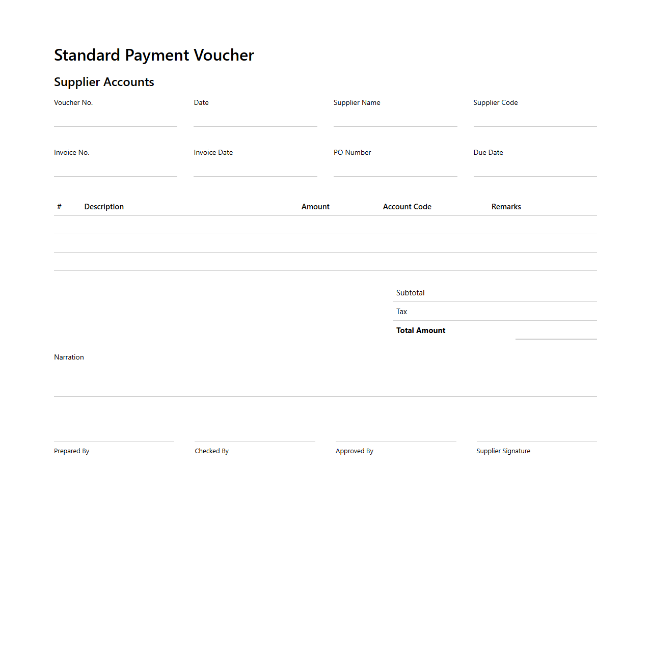 Standard Payment Voucher for Supplier Accounts