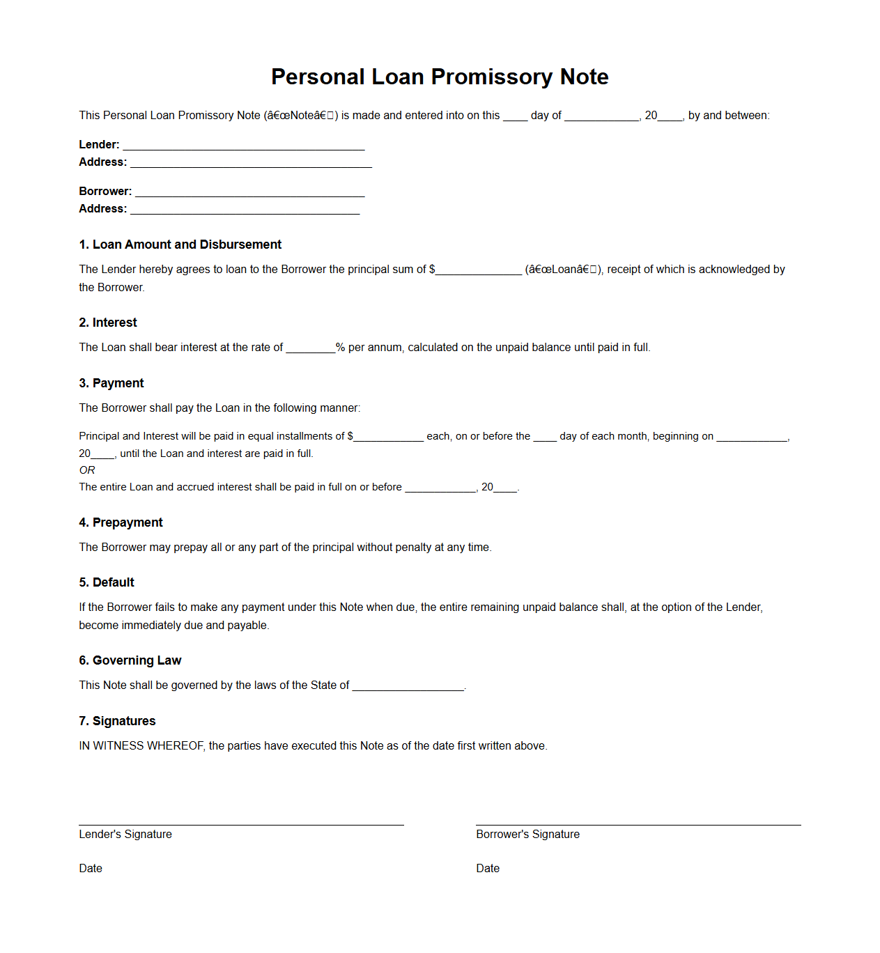 Standard Personal Loan Promissory Note