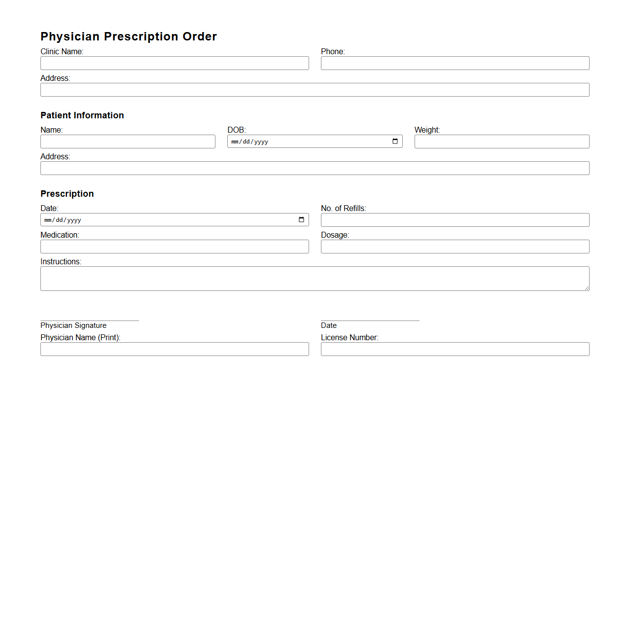 Standard Physician Prescription Order Sample