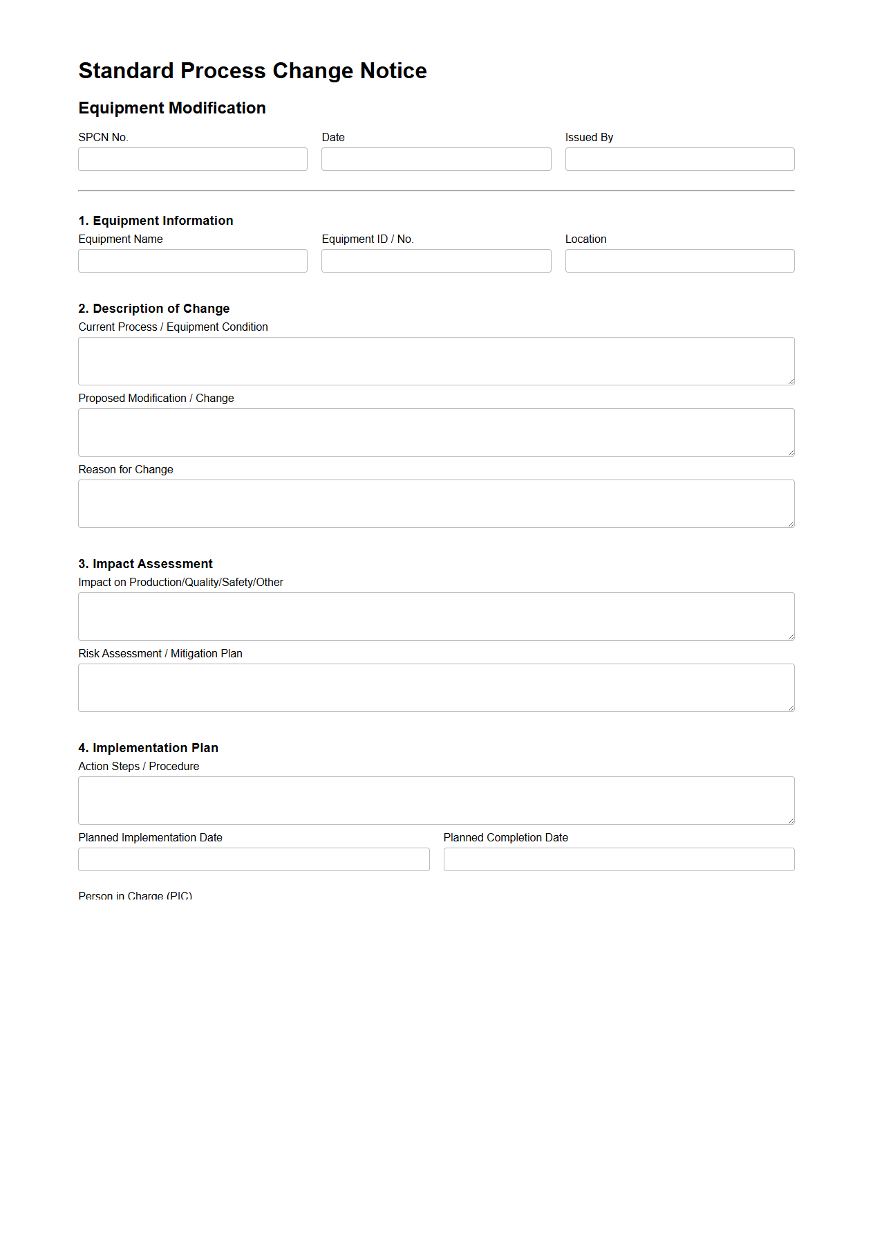 Standard Process Change Notice for Equipment Modification