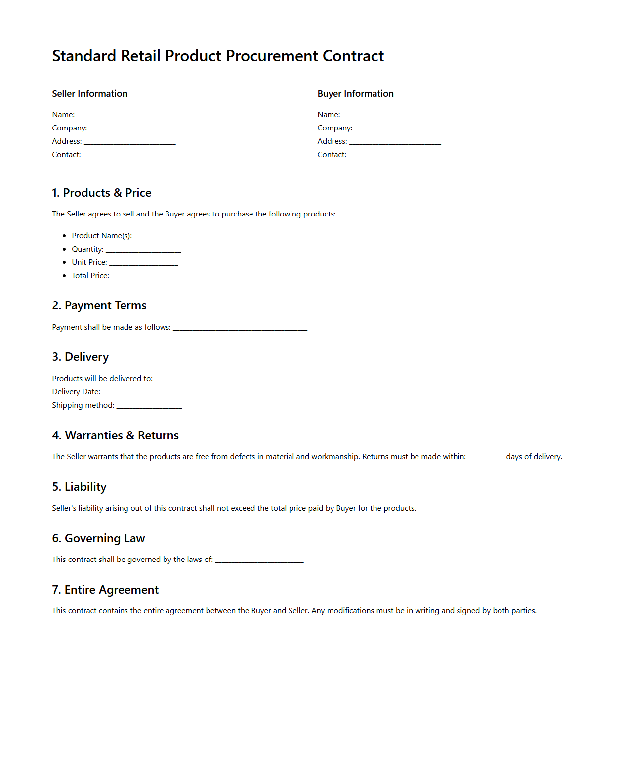 Standard Retail Product Procurement Contract