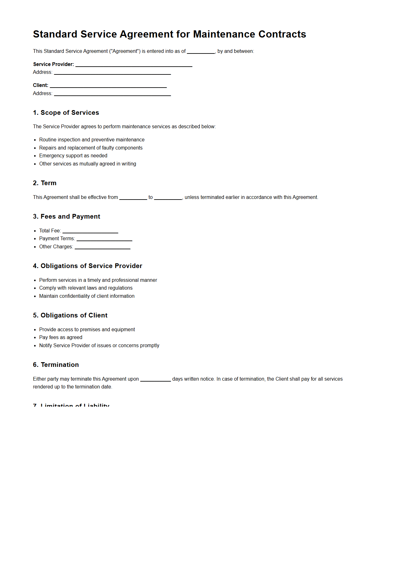 Standard Service Agreement for Maintenance Contracts