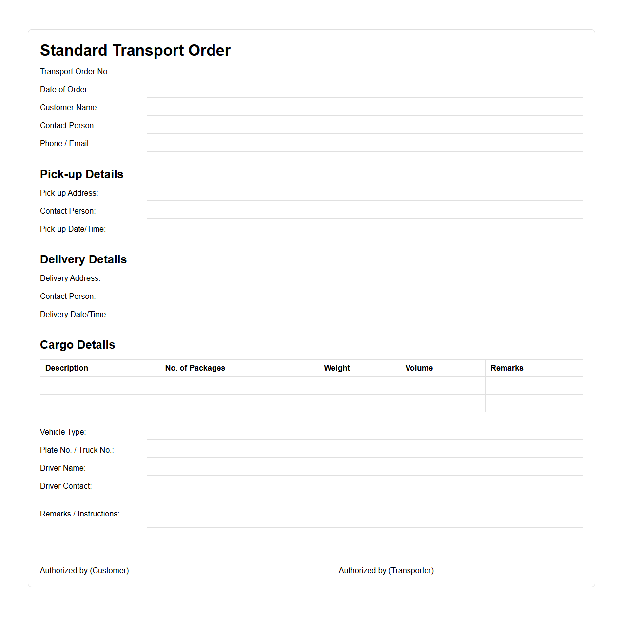 Standard Transport Order Template for Local Trucking