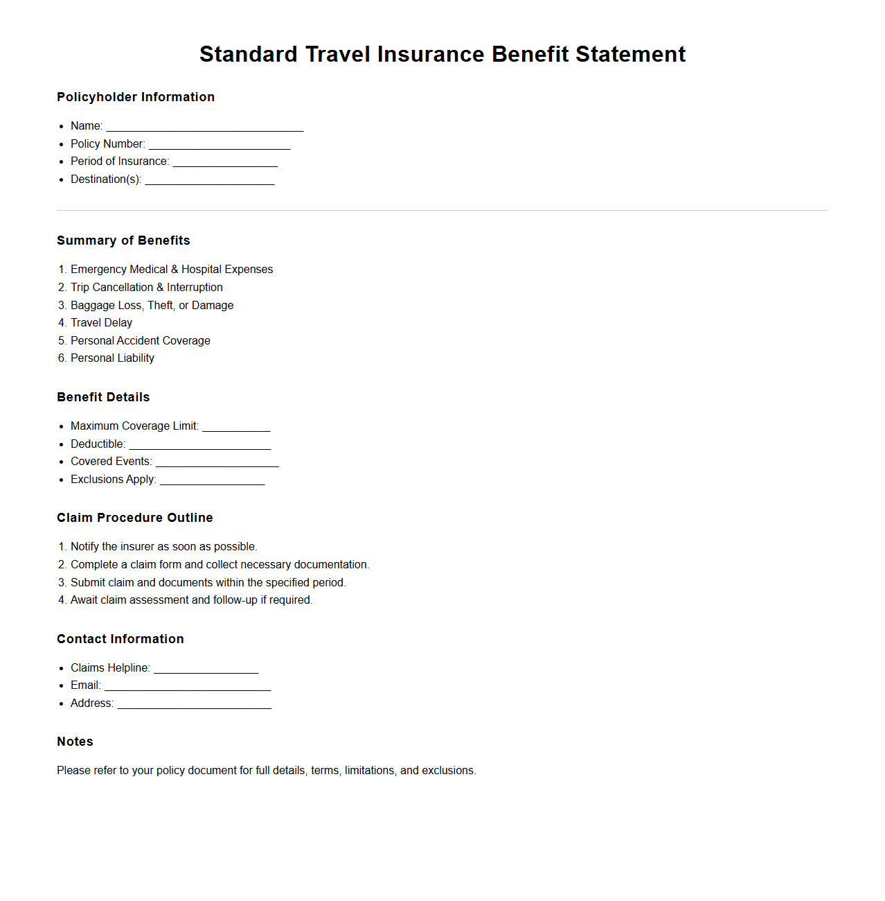 Standard Travel Insurance Benefit Statement Outline