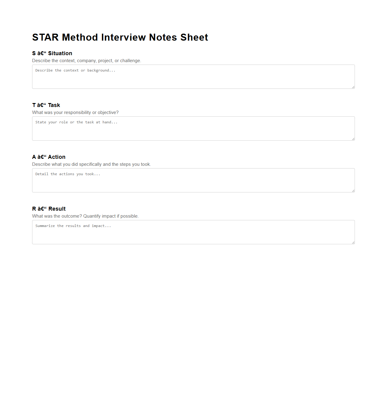 STAR Method Interview Notes Sheet for Consulting