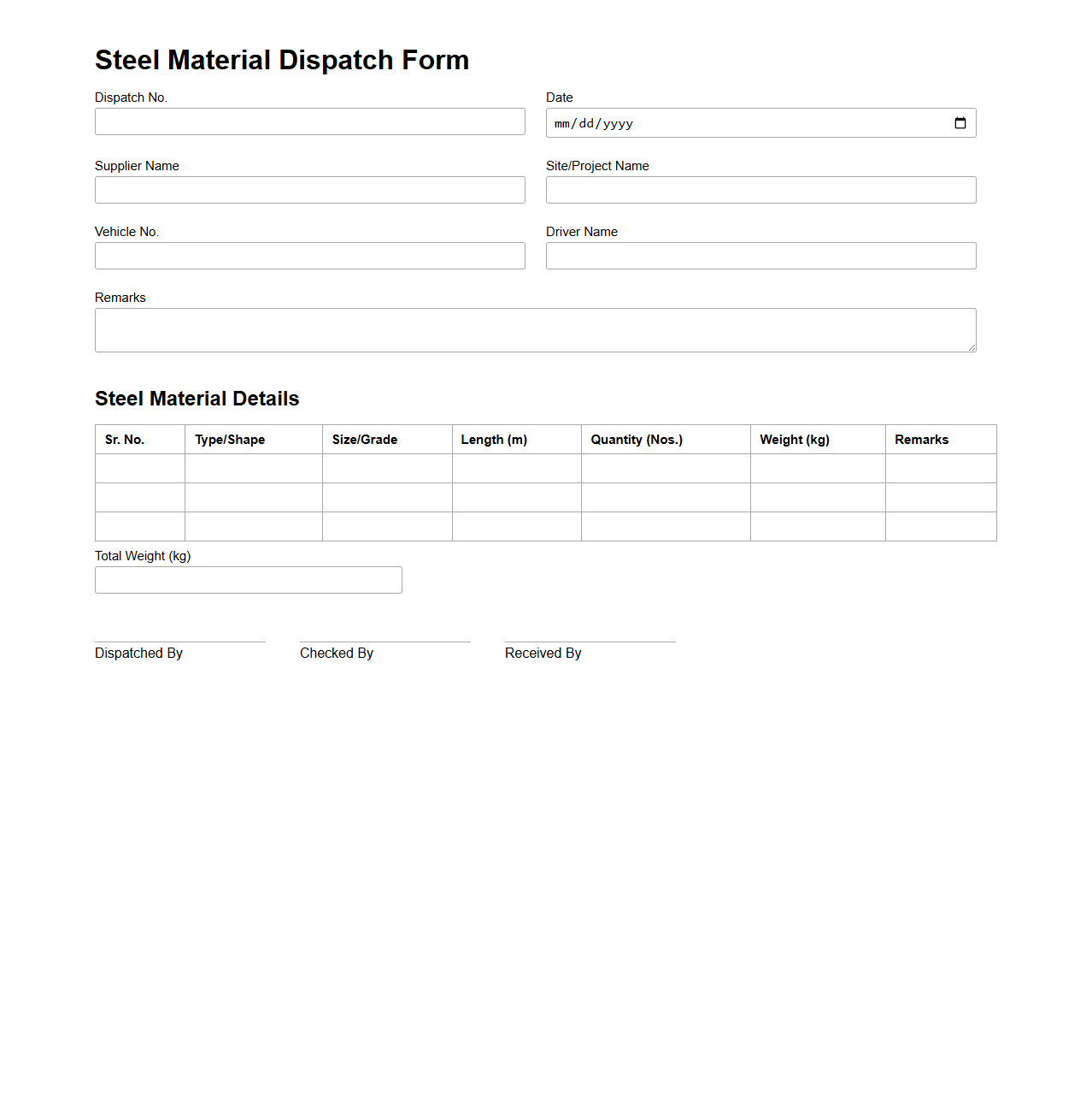 Steel Material Dispatch Form for Construction Sites