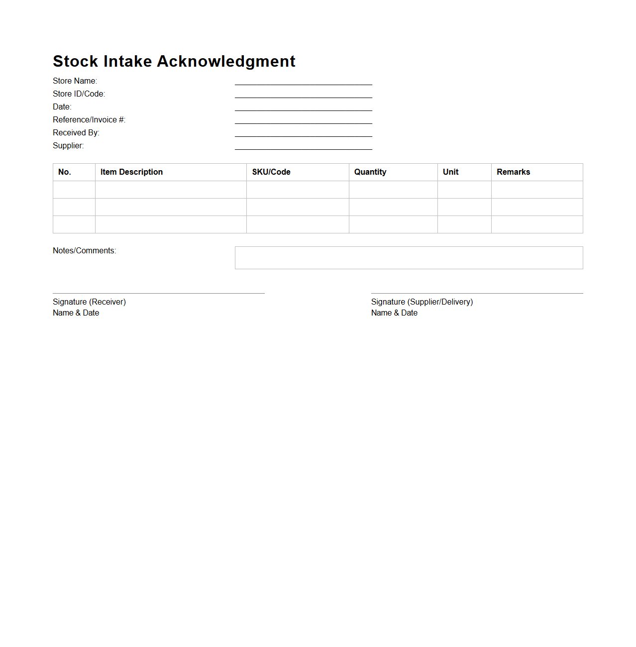 Stock Intake Acknowledgment Document for Retail Stores
