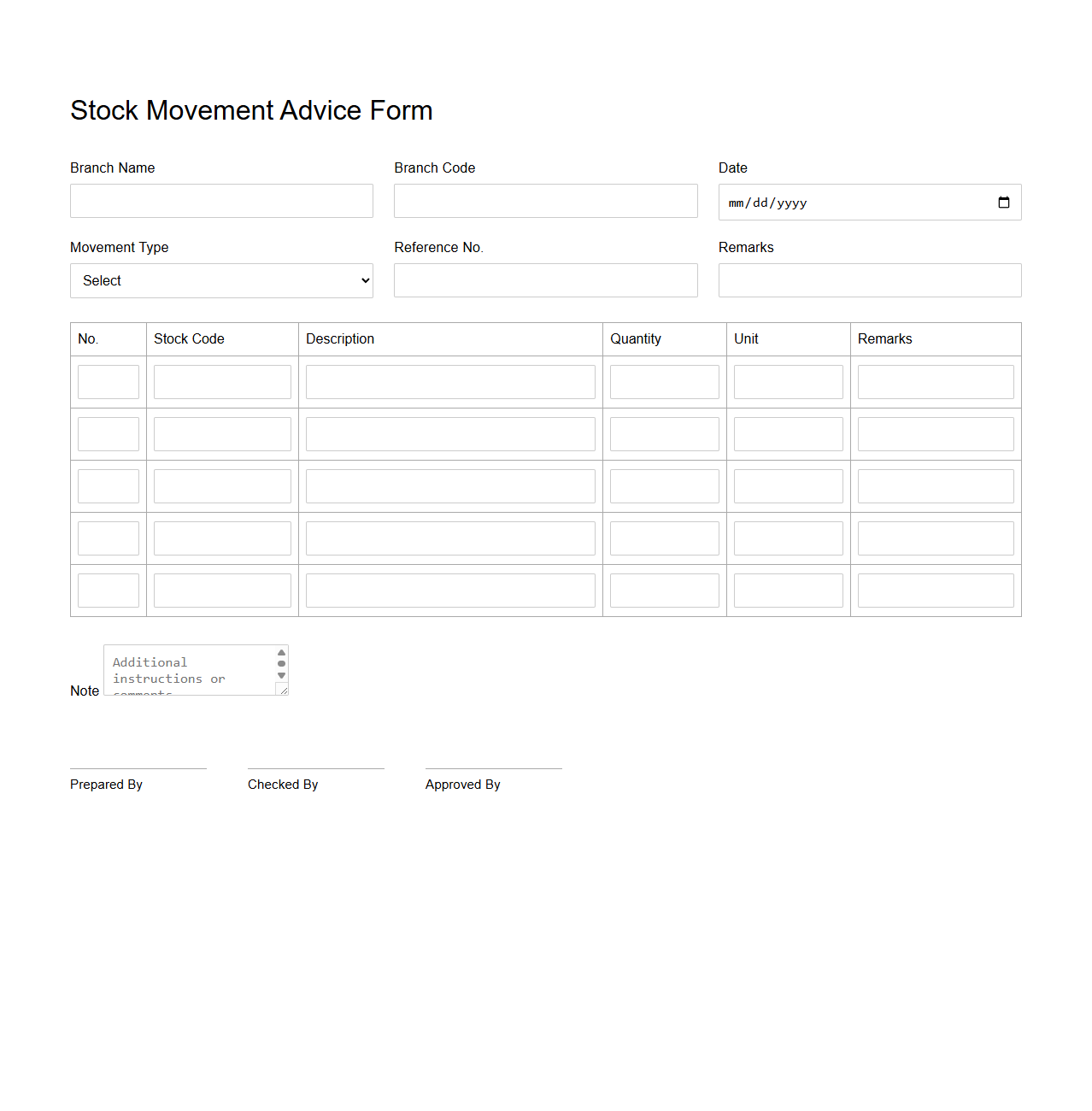 Stock Movement Advice Form for Retail Branch